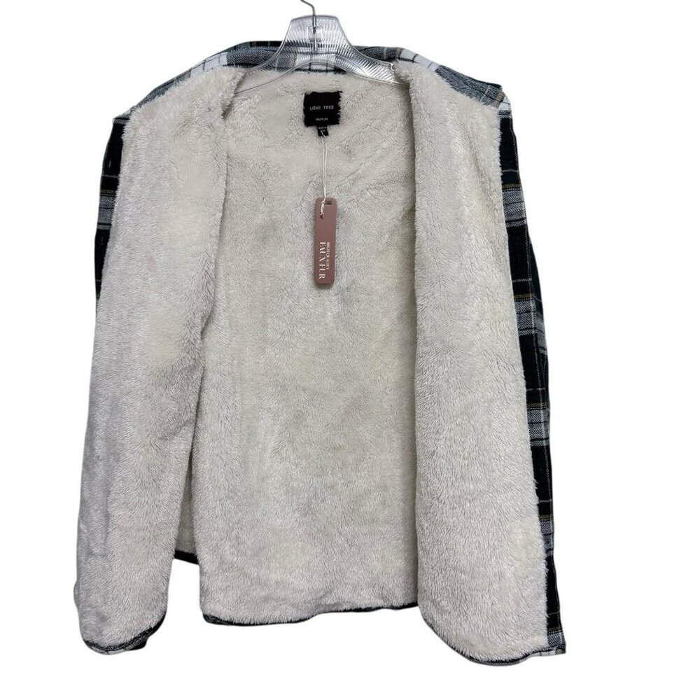 Love Tree Faux Fur Lined Flannel Shirt Shacket Size Medium Green Plaid NWT - Picture 3 of 5